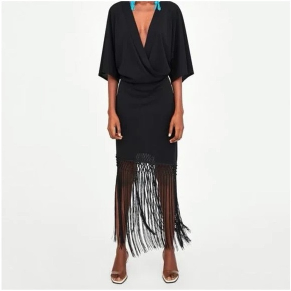 Zara Black Maxi Dress with Fringe Hem